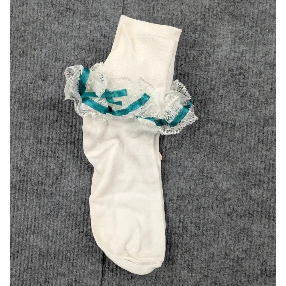 Vintage Lace Ruffle Ankle Socks Womens 9-11 Nylon Coquette White Church Frilly